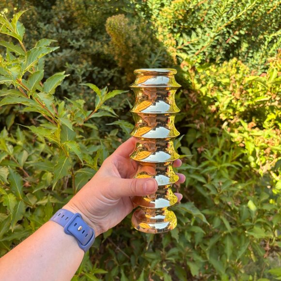 Pair of Vintage Solid Brass Vases by Krisna Indonesia MCM Geometric Home Decor - Picture 6 of 13